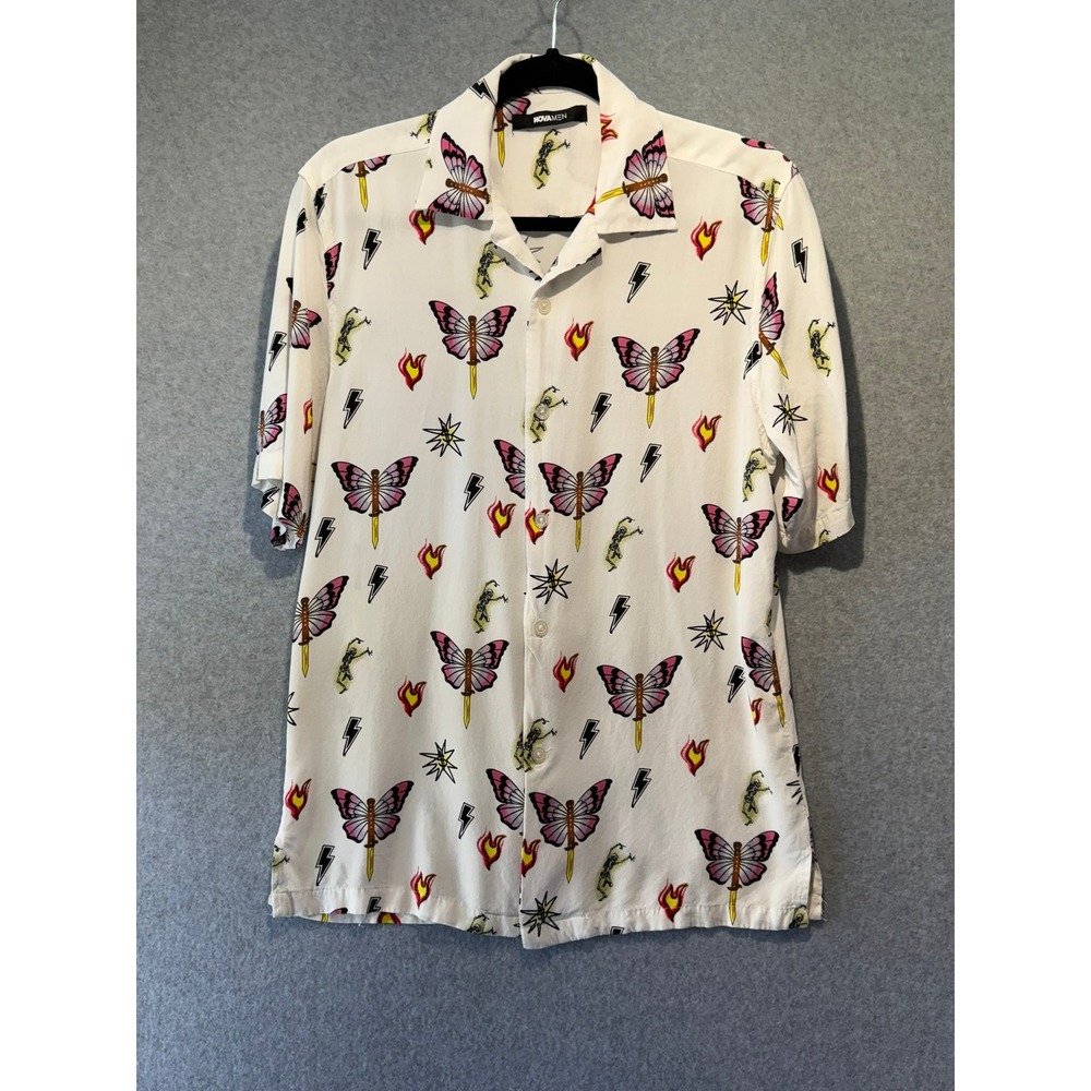 Fashion Nova Men Butterfly Dagger Skeleton Print Viscose SS Button Down Shirt S